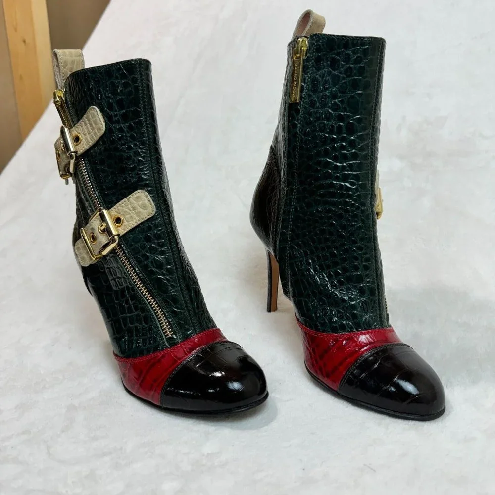 Luciano Padovan Womens Boots High Heel Shoes Red & Green Crocodile Italy Size 36 - Picture 6 of 16